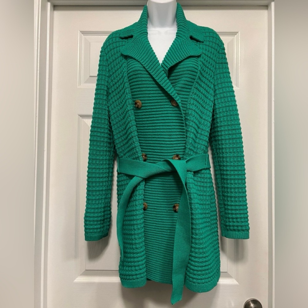 Ann Taylor Green Ribbed Knit Belted Sweater Coat